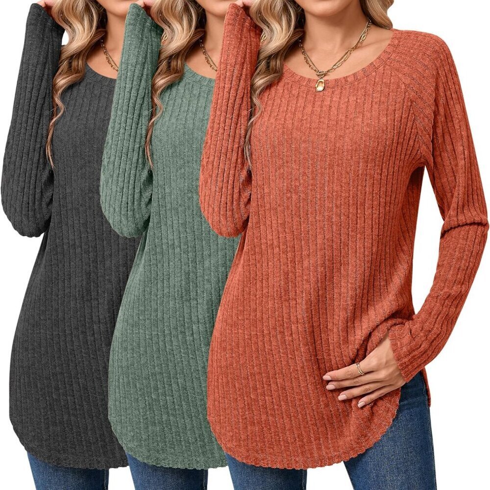 3 Pack Women's Sweaters Long Sleeve Curved Hem Casual Tunic Shirts
